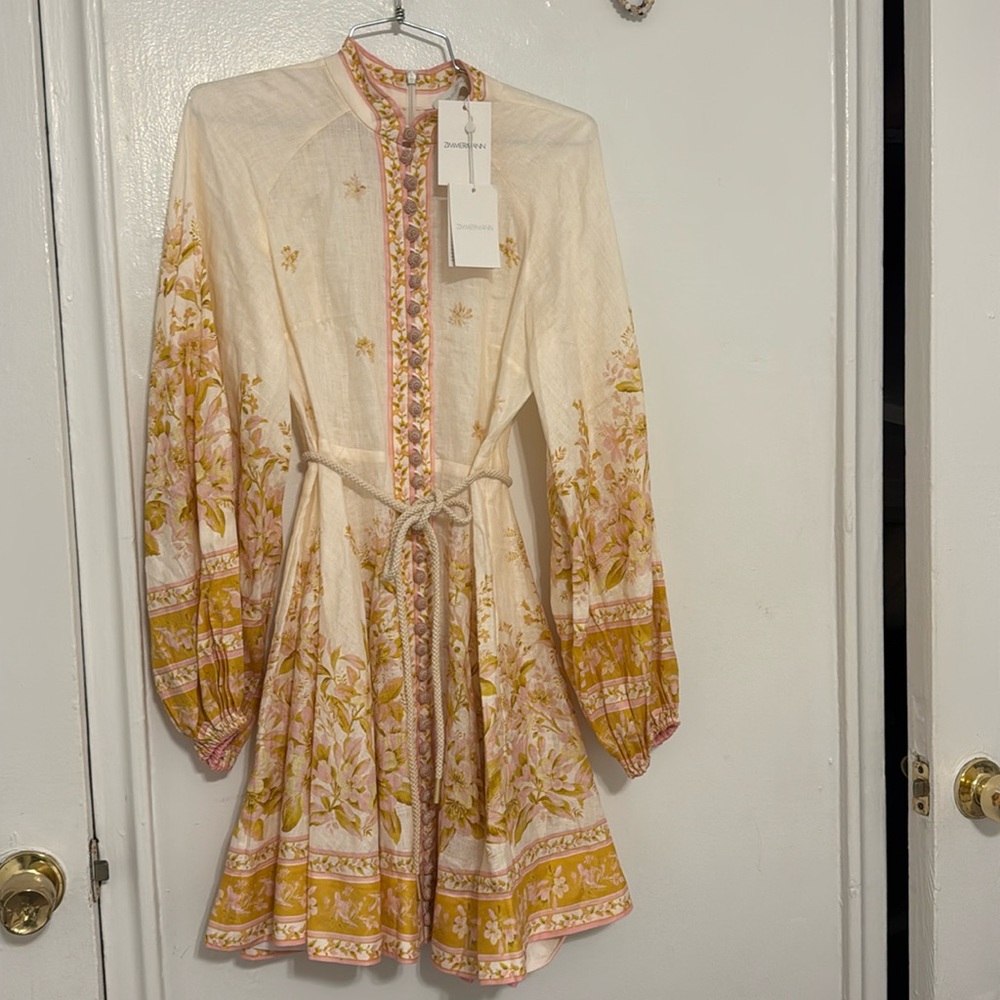 Worn once! Zimmermann linen mini dress golden pink floral long sleeves size 0